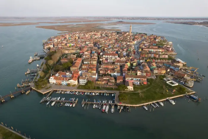 Framed Print : Aerial view of Burano, Venice, Veneto, Italy, Europe Framed Print : Aerial view of Burano, Venice, Veneto, Italy, Europe