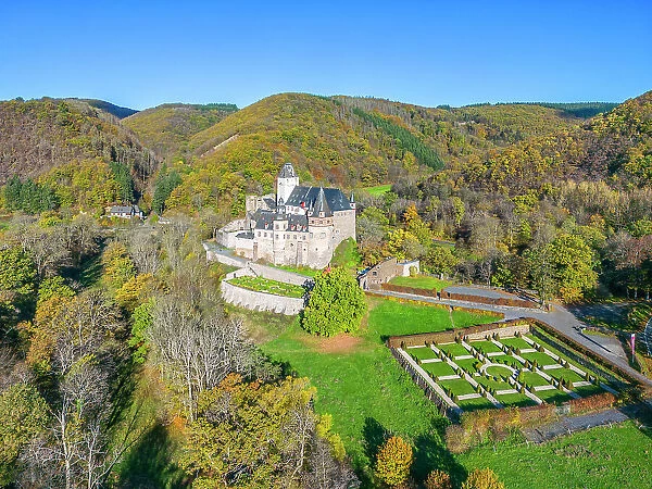 Aerial view at Burresheim castle, Eifel, Rhineland-Palatinate, Germany