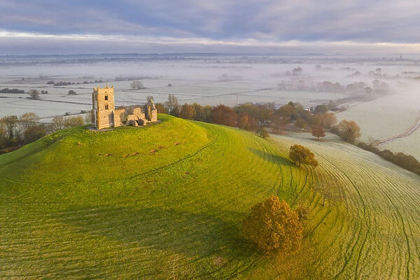 Aerial view of Burrow Mump Church on a beautiful autumn morning, Burrowbridge, Somerset