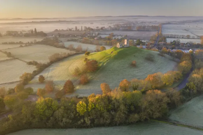 Framed Print : Aerial view of Burrow Mump Church on a beautiful autumn morning, Burrowbridge, Somerset Framed Print : Aerial view of Burrow Mump Church on a beautiful autumn morning, Burrowbridge, Somerset