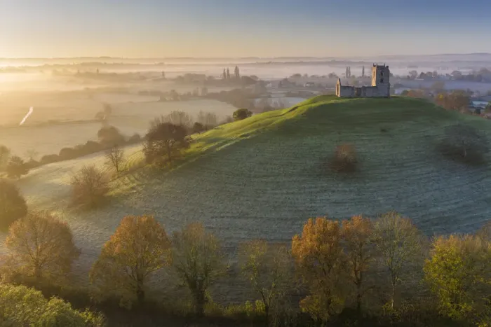 Framed Print : Aerial view of Burrow Mump Church on a beautiful autumn morning, Burrowbridge, Somerset Framed Print : Aerial view of Burrow Mump Church on a beautiful autumn morning, Burrowbridge, Somerset