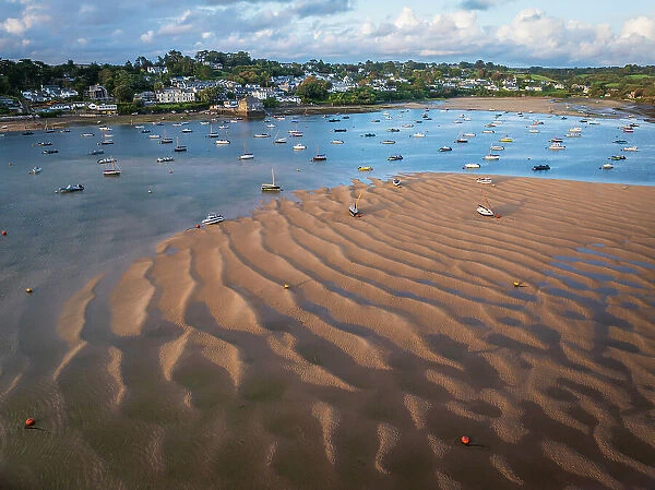 Aerial view of the Camel Estuary and village of Rock in North Cornwall, England. Summer (August) 2023