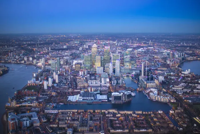 Framed Print : Aerial view over Canary Wharf, Isle of Dogs, London, England