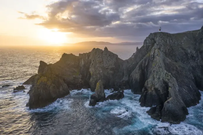 Framed Print : Aerial view of Cape Ortegal lighthouse at sunrise. Carino, La Corona, Galicia, Spain Framed Print : Aerial view of Cape Ortegal lighthouse at sunrise. Carino, La Corona, Galicia, Spain