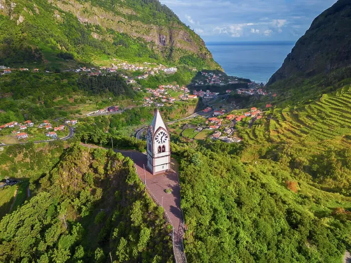 Framed Print : Aerial view of Capelinha de Nossa Senhora de Fatima surrounded by terraced fields at sunrise, Sao Vicente, Madeira, Portugal Framed Print : Aerial view of Capelinha de Nossa Senhora de Fatima surrounded by terraced fields at sunrise, Sao Vicente, Madeira, Portugal