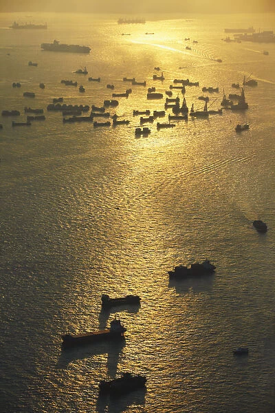 Aerial view of cargo ships, Hong Kong, China