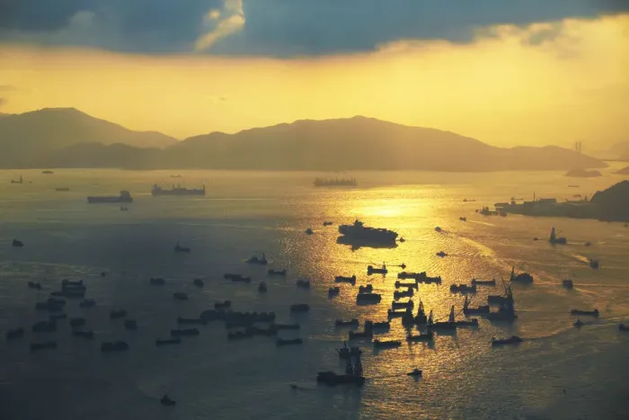 Framed Print : Aerial view of cargo ships with Lantau Island in the background, Hong Kong, China Framed Print : Aerial view of cargo ships with Lantau Island in the background, Hong Kong, China