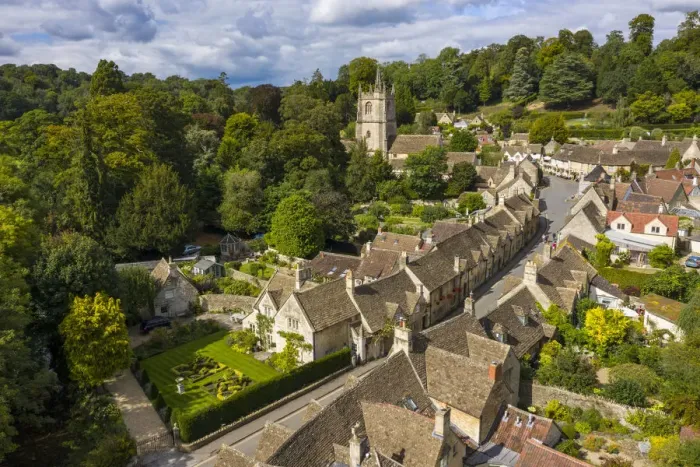 Framed Print : Aerial view of Castle Combe, Cotswolds, Gloucestershire, England, UK Framed Print : Aerial view of Castle Combe, Cotswolds, Gloucestershire, England, UK