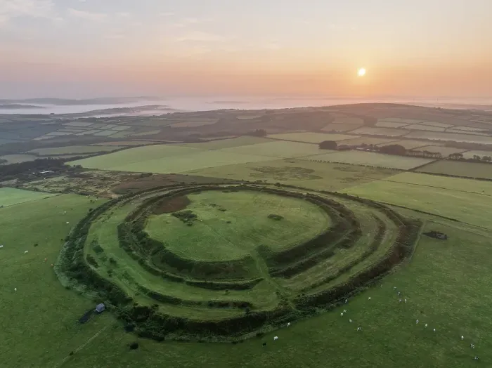 Framed Print : Aerial view of Castle an Dinas, a Cornish Iron Age Hillfort, at sunrise, Cornwall, England. Summer (August) 2024 Framed Print : Aerial view of Castle an Dinas, a Cornish Iron Age Hillfort, at sunrise, Cornwall, England. Summer (August) 2024