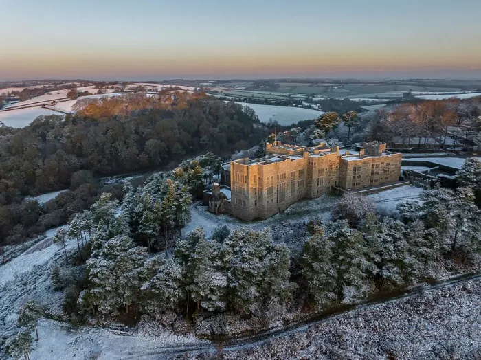 Framed Print : Aerial view of Castle Drogo on a snowy winter morning, Dartmoor, Devon, England. Winter (December) 2023 Framed Print : Aerial view of Castle Drogo on a snowy winter morning, Dartmoor, Devon, England. Winter (December) 2023