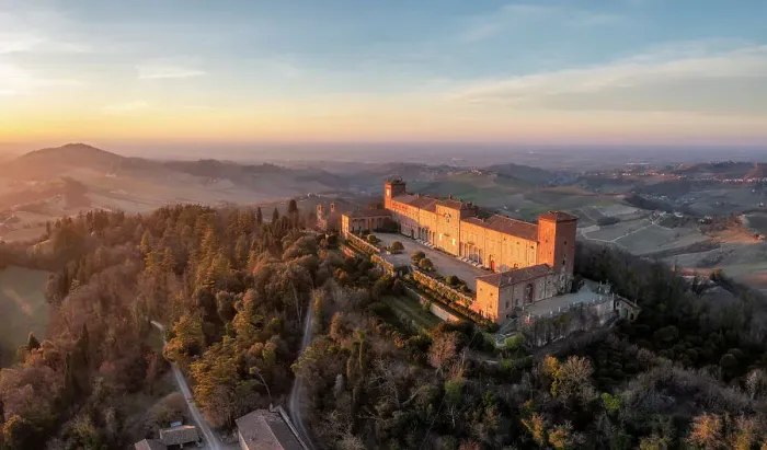 Framed Print : Aerial view of the Castle of Montalto Pavese at sunset. Montalto Pavese, Oltrepo wine region, Oltrepo, Lombardy, Italy
