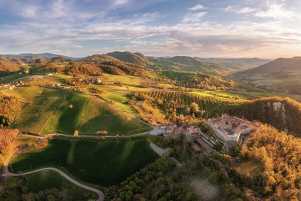 Aerial view of the Castle of Montesegale at sunset. Montesegale, Oltrepo wine region, Oltrepo, Lombardy, Italy