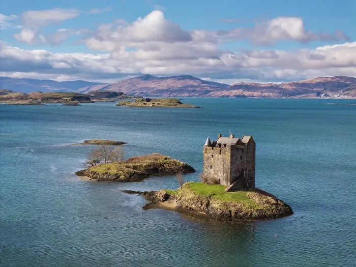 Framed Print : Aerial view of Castle Stalker isolated on a tidal island on Loch Laich, Port Appin, Scotland. Spring (March) 2024 Framed Print : Aerial view of Castle Stalker isolated on a tidal island on Loch Laich, Port Appin, Scotland. Spring (March) 2024