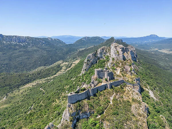 Aerial view at Catharian Castle Peyrepertuse, Duilhac-sous-Peyrepertuse, Aude, Languedoc-Roussillon, Occitanie, France