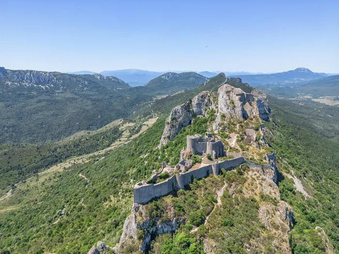 Framed Print : Aerial view at Catharian Castle Peyrepertuse, Duilhac-sous-Peyrepertuse, Aude, Languedoc-Roussillon, Occitanie, France Framed Print : Aerial view at Catharian Castle Peyrepertuse, Duilhac-sous-Peyrepertuse, Aude, Languedoc-Roussillon, Occitanie, France