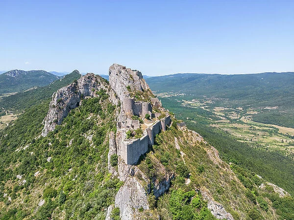 Aerial view at Catharian Castle Peyrepertuse, Duilhac-sous-Peyrepertuse, Aude, Languedoc-Roussillon, Occitanie, France