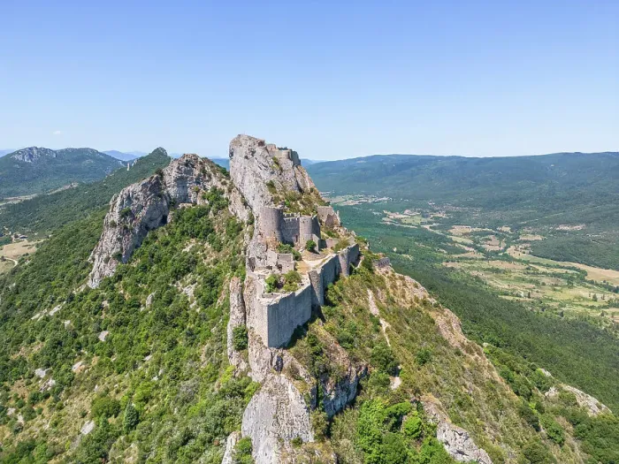 Framed Print : Aerial view at Catharian Castle Peyrepertuse, Duilhac-sous-Peyrepertuse, Aude, Languedoc-Roussillon, Occitanie, France Framed Print : Aerial view at Catharian Castle Peyrepertuse, Duilhac-sous-Peyrepertuse, Aude, Languedoc-Roussillon, Occitanie, France