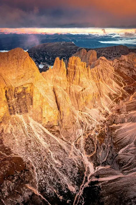 Framed Print : Aerial view of Catinaccio (Rosengarten) and Torri Del Vajolet mountains during a warm autumn sunrise, Dolomites, Italy Framed Print : Aerial view of Catinaccio (Rosengarten) and Torri Del Vajolet mountains during a warm autumn sunrise, Dolomites, Italy