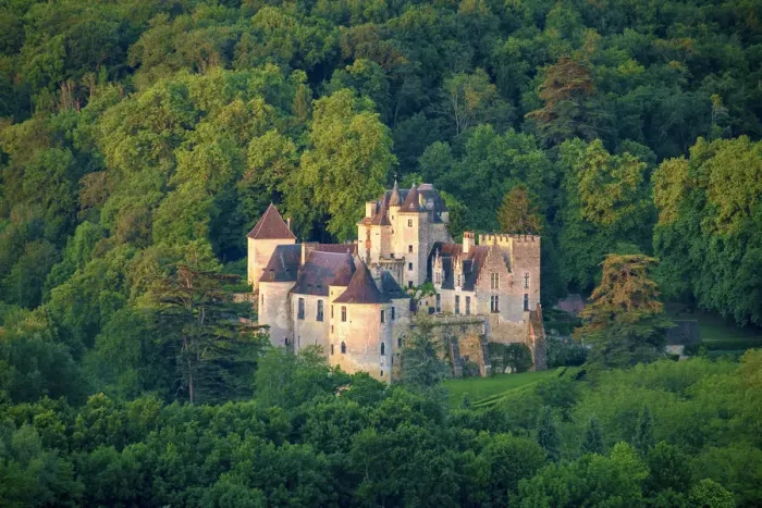 Framed Print : Aerial view of Chateau de la Malartrie castle, Vezac, Dordogne Framed Print : Aerial view of Chateau de la Malartrie castle, Vezac, Dordogne