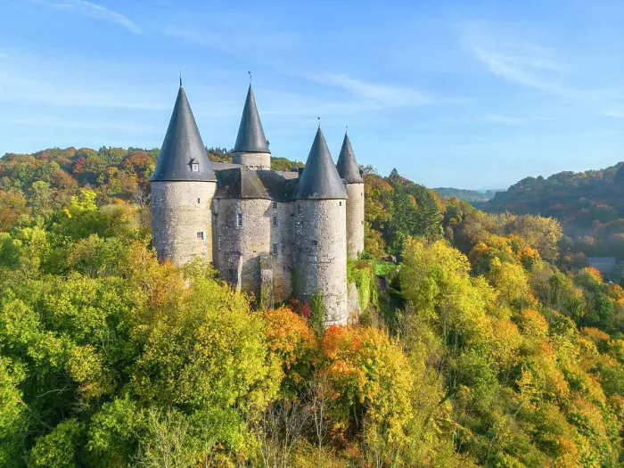 Framed Print : Aerial view at Chateau Veves, Celles near Dinant, Ardennes, Wallonia, Province Namur, Belgium