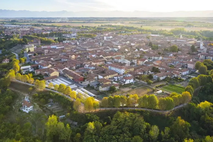 Framed Print : Aerial view Cherasco village from hot air baloon, Cuneo Province, Piedmont, Italy, Europe