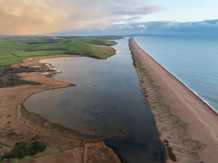 Framed Print : Aerial view of Chesil Beach near Abbotsbury, Dorset, England. Winter (January) 2024