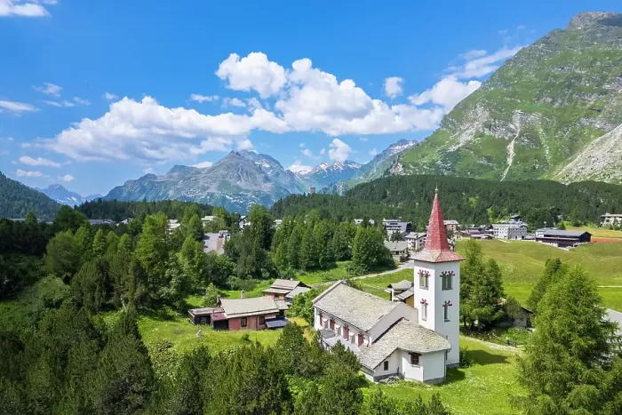 Framed Print : Aerial view of the Chiesa Bianca during summer. Maloja, Bregaglia, canton of Graubunden, Engadin, Switzerland Framed Print : Aerial view of the Chiesa Bianca during summer. Maloja, Bregaglia, canton of Graubunden, Engadin, Switzerland