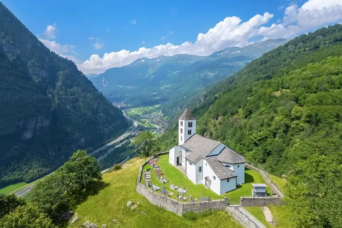 Framed Print : Aerial view of the church of Calonico, dominating Leventina valley towards San Gottardo pass. Calonico, district of Leventina, Canton of Ticino, Switzerland Framed Print : Aerial view of the church of Calonico, dominating Leventina valley towards San Gottardo pass. Calonico, district of Leventina, Canton of Ticino, Switzerland