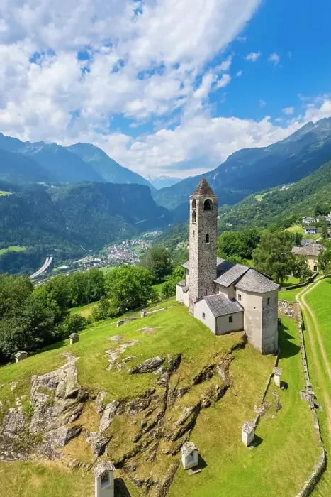 Framed Print : Aerial view of the church of Rossura, Leventina valley towards San Gottardo pass, Rossura, Ticino, Switzerland Framed Print : Aerial view of the church of Rossura, Leventina valley towards San Gottardo pass, Rossura, Ticino, Switzerland