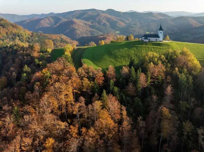 Framed Print : Aerial view of the Church of St. Primoz and Felician, in autumn Jamnik, Slovenia Framed Print : Aerial view of the Church of St. Primoz and Felician, in autumn Jamnik, Slovenia