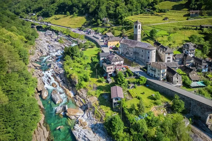 Framed Print : Aerial view of the church and town of Lavertezzo. Lavertezzo, Verzasca Valley, Locarno, Ticino, Switzerland Framed Print : Aerial view of the church and town of Lavertezzo. Lavertezzo, Verzasca Valley, Locarno, Ticino, Switzerland