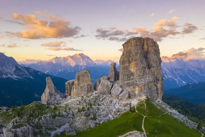 Framed Print : Aerial view of the Cinque Torri natural Park at sunset. Cortina d Ampezzo Framed Print : Aerial view of the Cinque Torri natural Park at sunset. Cortina d Ampezzo