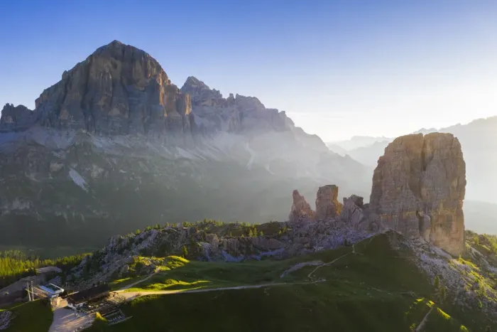 Framed Print : Aerial view of the Cinque Torri natural Park and Tofana di Rozes at sunrise Framed Print : Aerial view of the Cinque Torri natural Park and Tofana di Rozes at sunrise