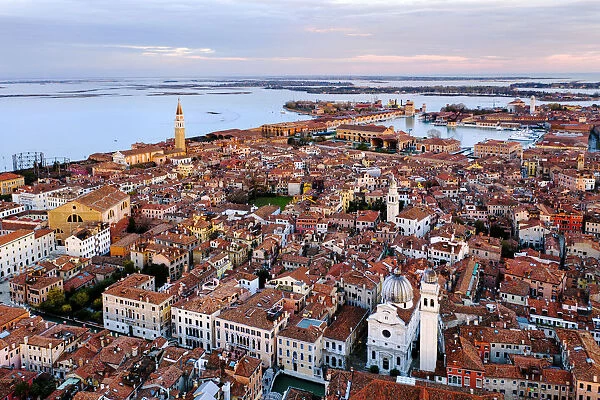 Aerial view of city at sunset, Venice, Italy