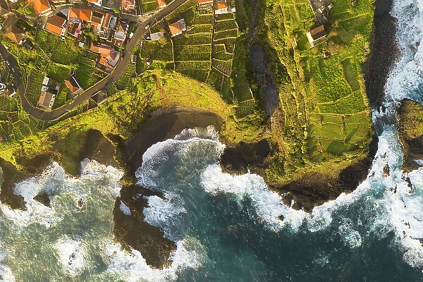 Aerial view of the coast of Seixal during a spring sunrise, Madeira, Portugal