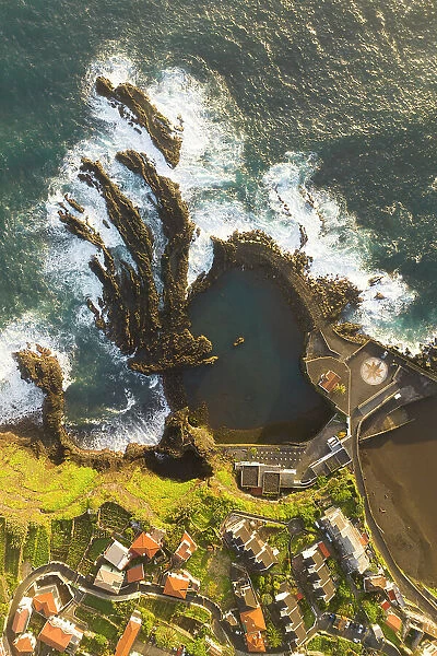 Aerial view of the coast of Seixal during a spring sunrise, Madeira, Portugal
