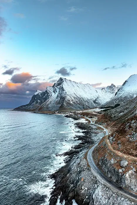 Framed Print : Aerial view of an empty coastal road heading to the fishing village of Vikten at dawn, Flakstad, Lofoten Islands, Norway Framed Print : Aerial view of an empty coastal road heading to the fishing village of Vikten at dawn, Flakstad, Lofoten Islands, Norway