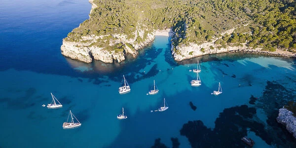 Aerial view of coastline and beach, Cala Macarella, Menorca, Balearic Islands, Spain
