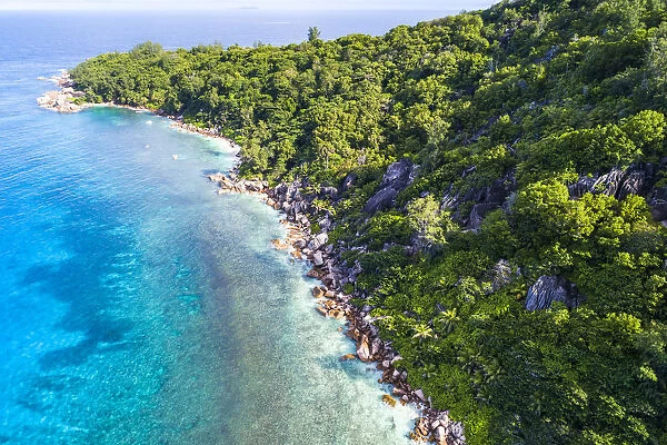 Aerial view of coastline. La Digue, Seychelles, Africa
