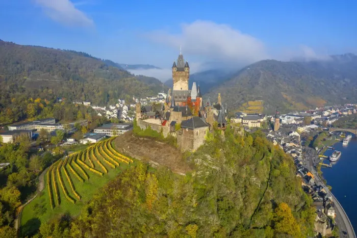Framed Print : Aerial view on Cochem castle, Cochem, Mosel valley, Rhineland-Palatinate, Germany Framed Print : Aerial view on Cochem castle, Cochem, Mosel valley, Rhineland-Palatinate, Germany