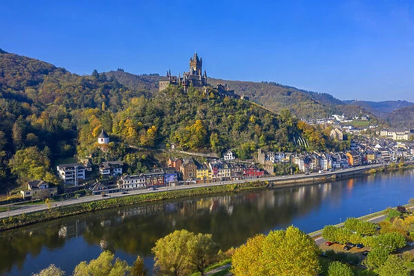 Aerial view on Cochem with Cochem castle, Mosel valley, Rhineland-Palatinate, Germany