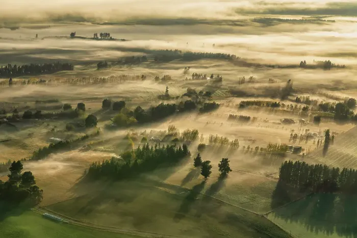 Framed Print : Aerial View of Countryside in Mist, Wanaka, South Island, New Zealand