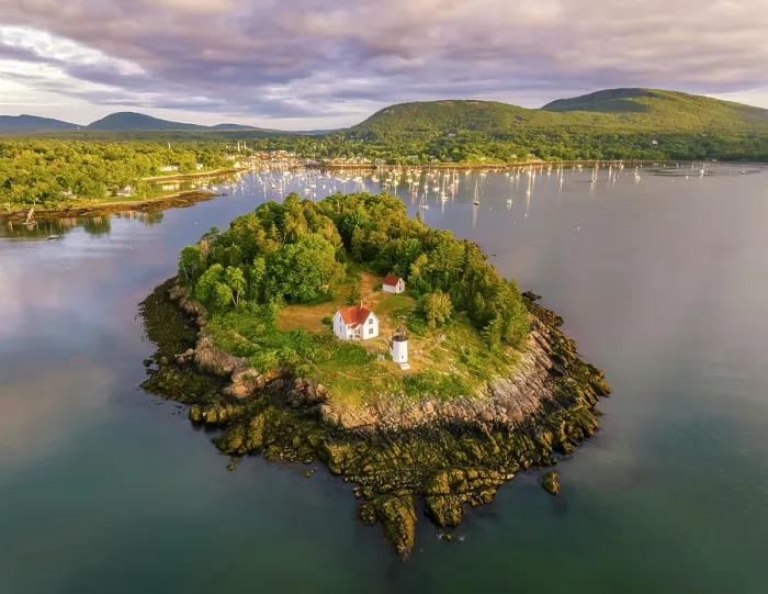 Framed Print : Aerial view of Curtis Island at sunset, Camden, Maine, USA Framed Print : Aerial view of Curtis Island at sunset, Camden, Maine, USA