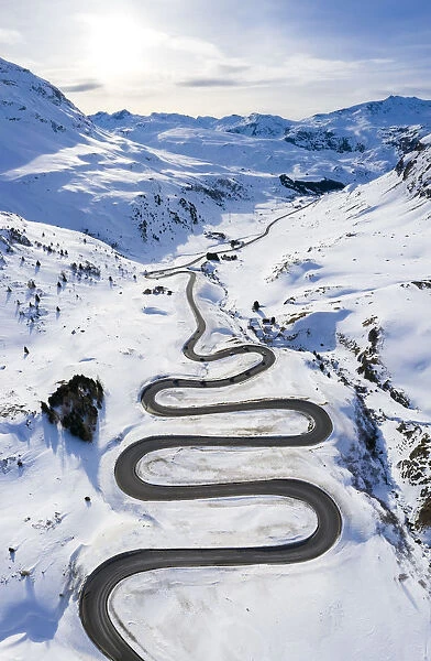 Aerial view of curves of Maloja Pass road, Bregaglia Valley, canton of Graubunden