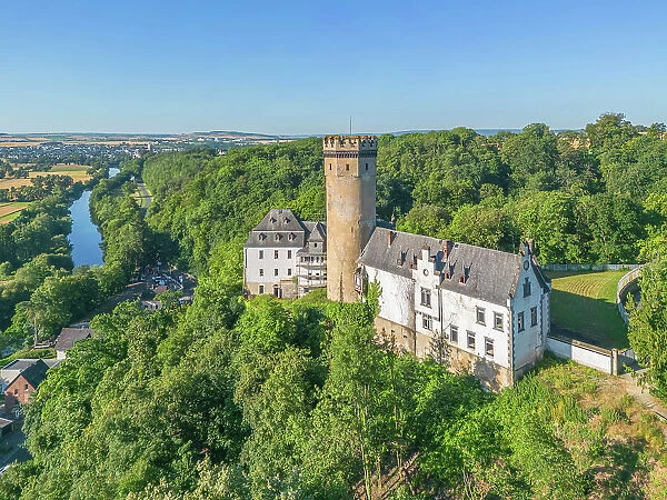 Aerial view at Dehrn castle with river Lahn, Runkel, Lahn valley, Westerwald, Hesse, Germany