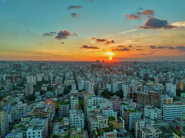 Aerial view of Dhaka City with residential area at sunset, Dhaka, Bangladesh