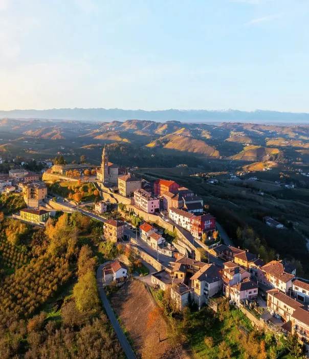 Framed Print : Aerial view of Diano D'Alba at sunrise during autumn, Cuneo, Langhe and Roero, Piedmont, Italy, Southern Europe Framed Print : Aerial view of Diano D'Alba at sunrise during autumn, Cuneo, Langhe and Roero, Piedmont, Italy, Southern Europe
