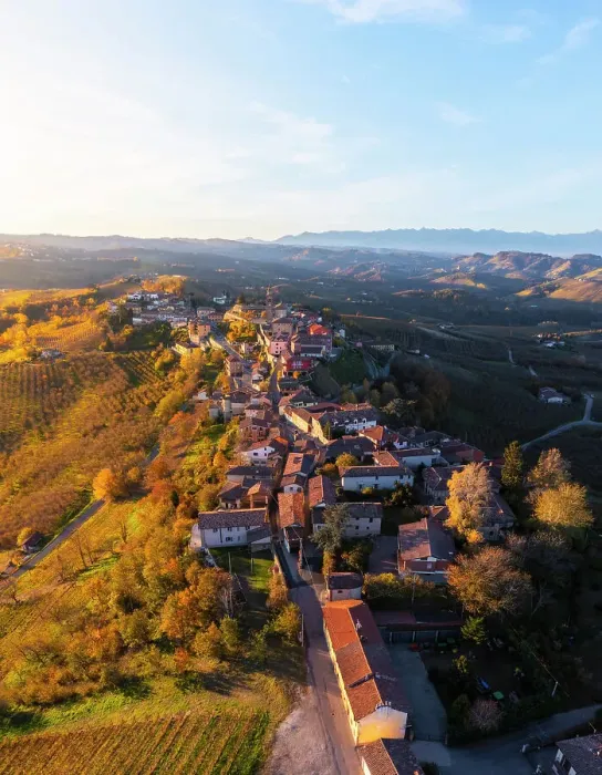 Framed Print : Aerial view of Diano D'Alba at sunrise during autumn, Cuneo, Langhe and Roero, Piedmont, Italy, Southern Europe Framed Print : Aerial view of Diano D'Alba at sunrise during autumn, Cuneo, Langhe and Roero, Piedmont, Italy, Southern Europe