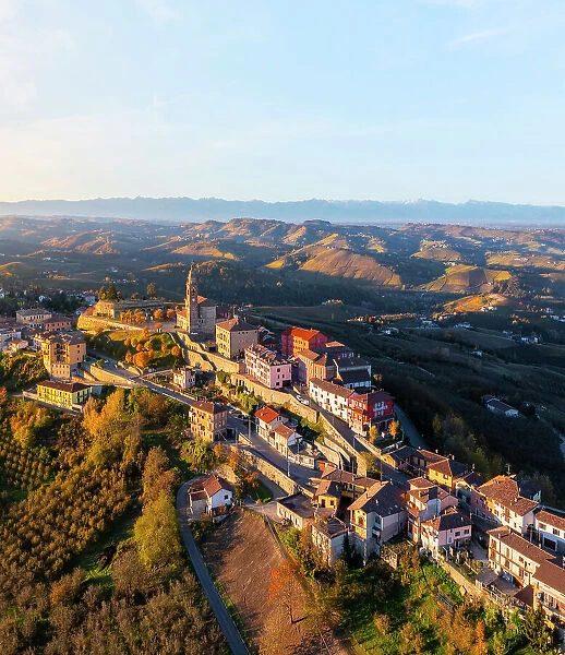 Aerial view of Diano D'Alba at sunrise during autumn, Cuneo, Langhe and Roero, Piedmont, Italy, Southern Europe