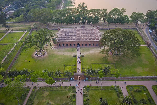Aerial view of Sixty Dome Mosque, a famous and touristic landmark also islamic mosque